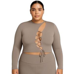 NEW SKIMS Chrome Gray Cropped Top Plus Size 4X Cut Out Lace-Up Athleisure Sexy